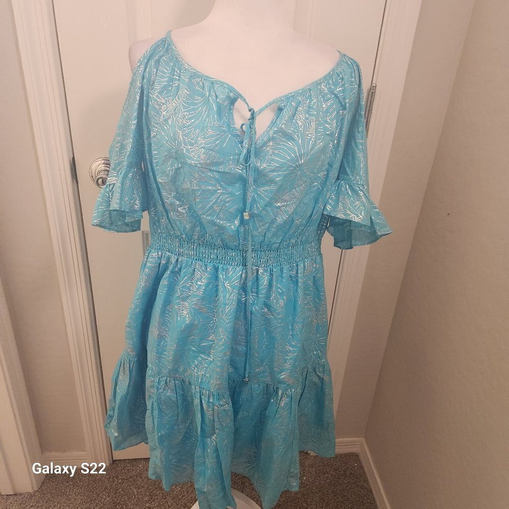 Michael Kors Blue/Silver Cold Shoulder Midi/mini Dress. NWT. Size XL